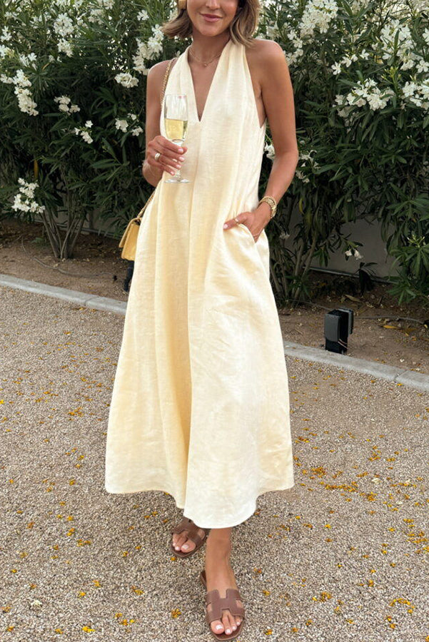 A-lijn midi-jurk met gedraaide rug van linnenmix