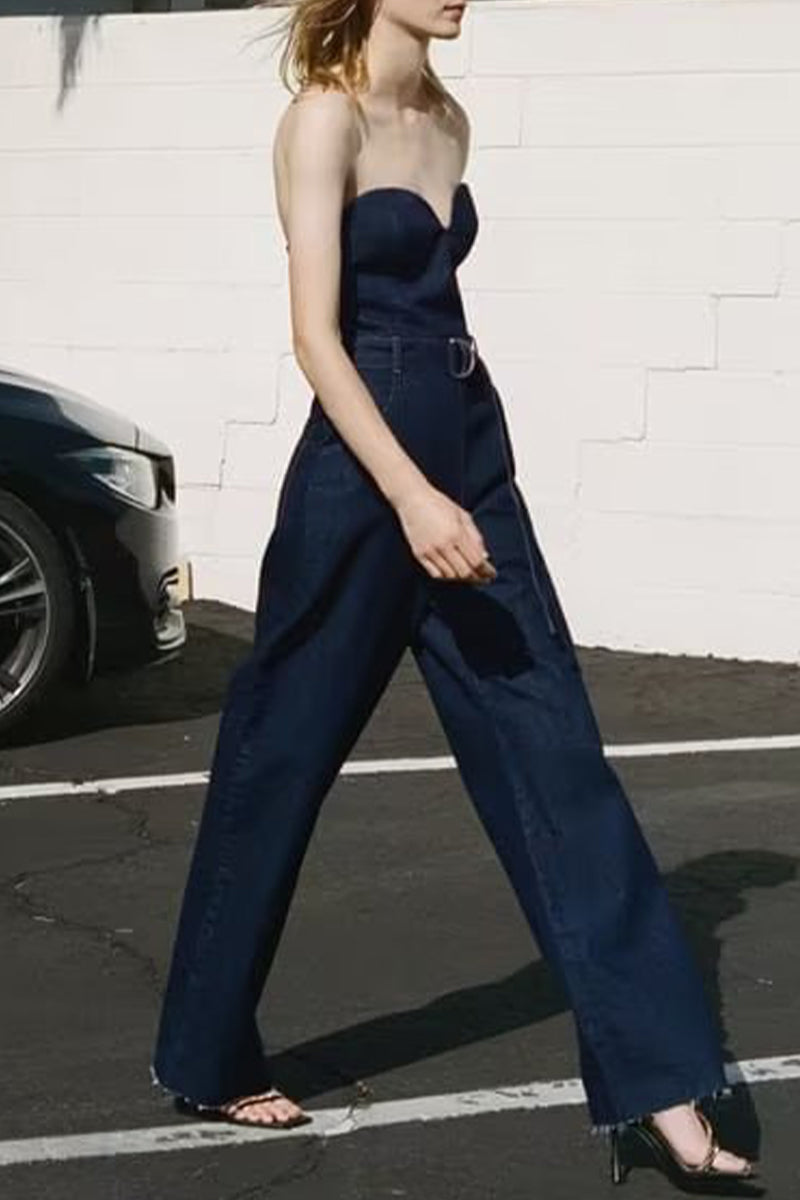 Casual dikke tas met strapless riem mouwloze denim jumpsuits