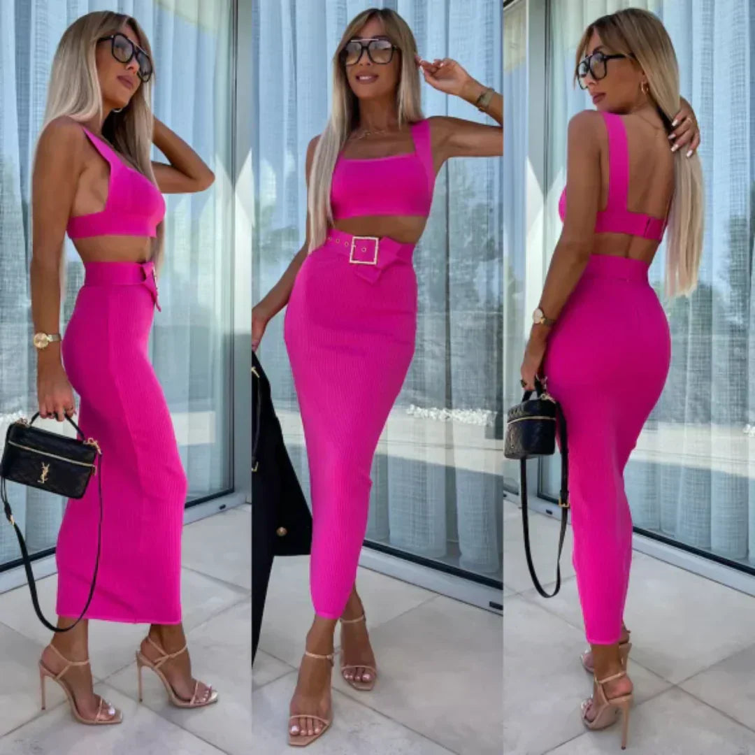 2-delige Set - Isla - Geribbelde Stof, Elastische Bandjes, Gouden Gesp Riem - Perfect voor Moderne Gelegenheden