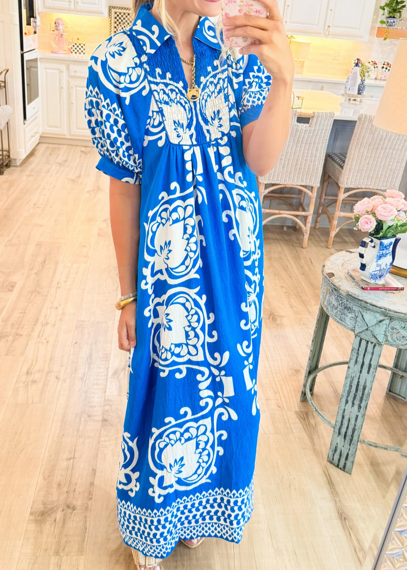 Midi-jurk in boho-stijl met pofmouwtjes en mix-and-match print