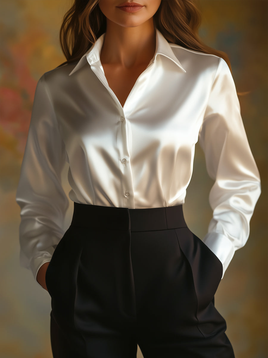 Bea | Elegante Zwarte Satijnen Dames Blouse met Lange Mouwen