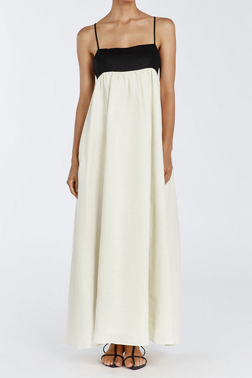 Zwart-witte patchwork maxi jurk met losse bretels