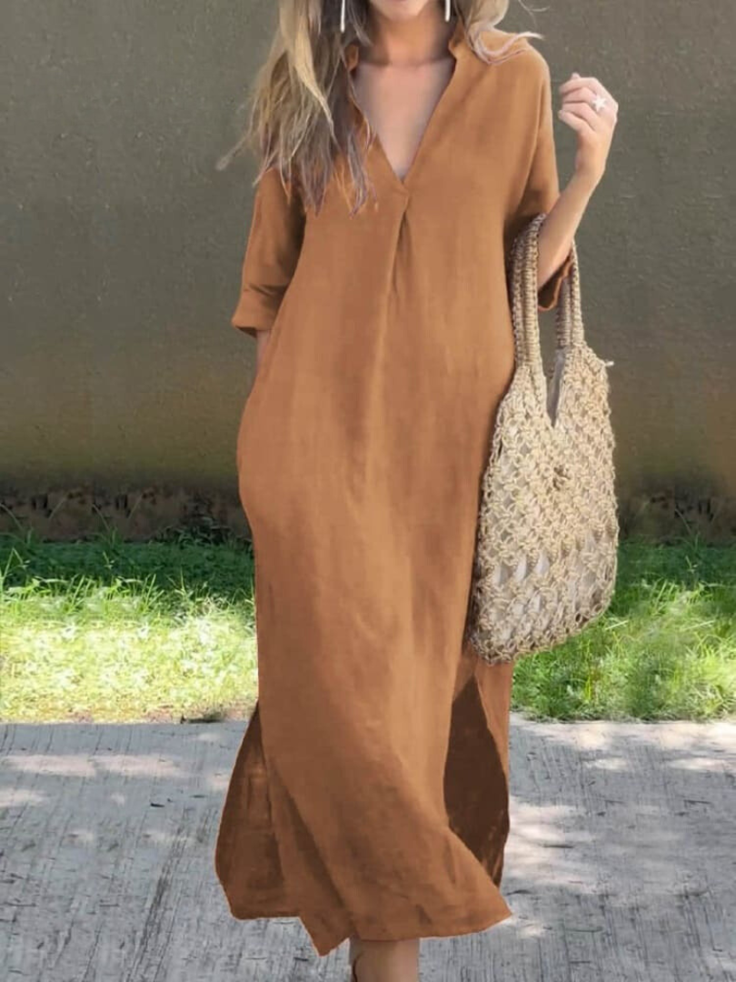 Elegante maxi-jurk met V-hals en losse silhouet