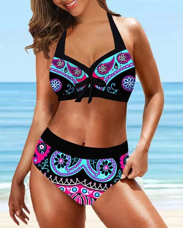 Plus Size Vintage Bloemenprint Kanten Halter V-Hals Sexy Bikiniset