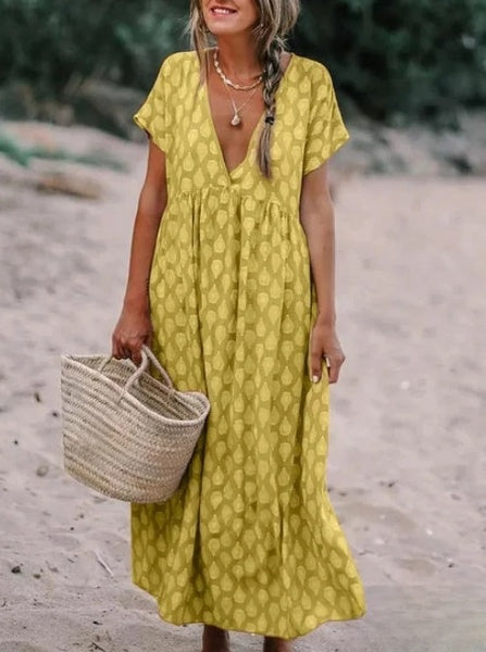 Alayna - Casual jurk van bedrukte stof met V-hals en lange mouwen