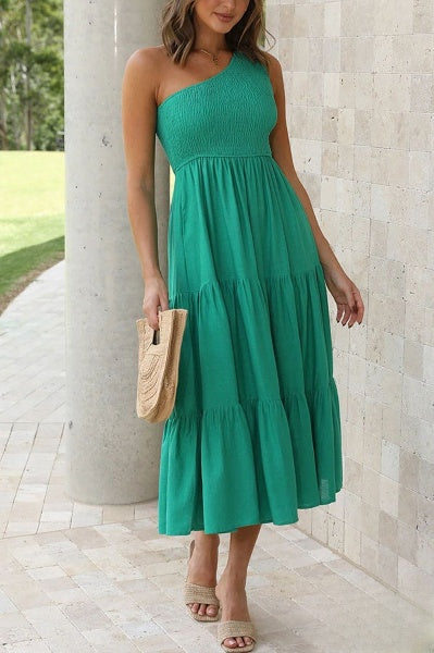 Alivia - Asymmetrische off-the-shoulder midi-jurk met zakken