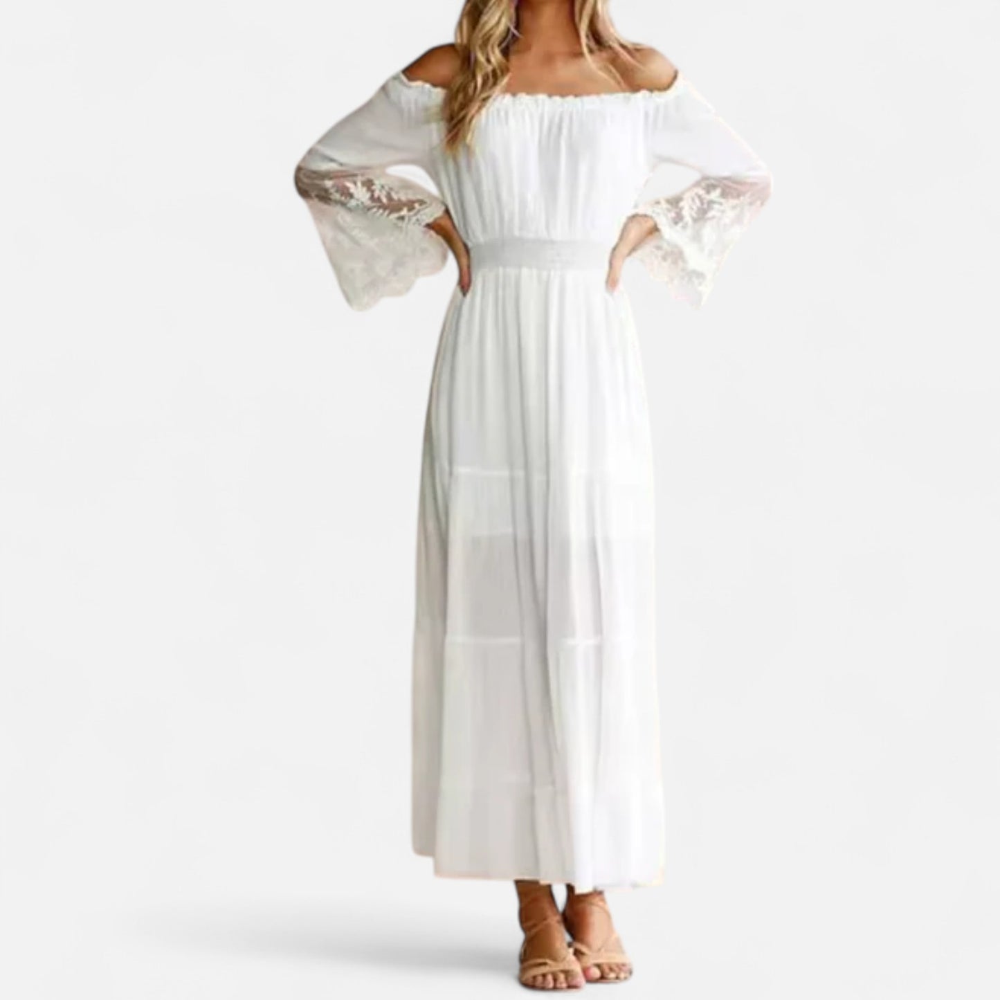 Bohemian maxi-jurk met blote schouders voor een natuurlijke en verfijnde look