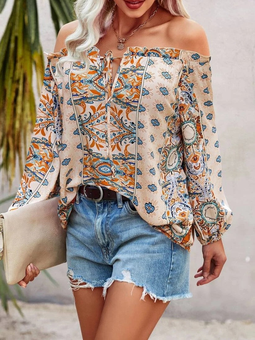 Bohemian bloemenprint shirt met ruches op de schouders