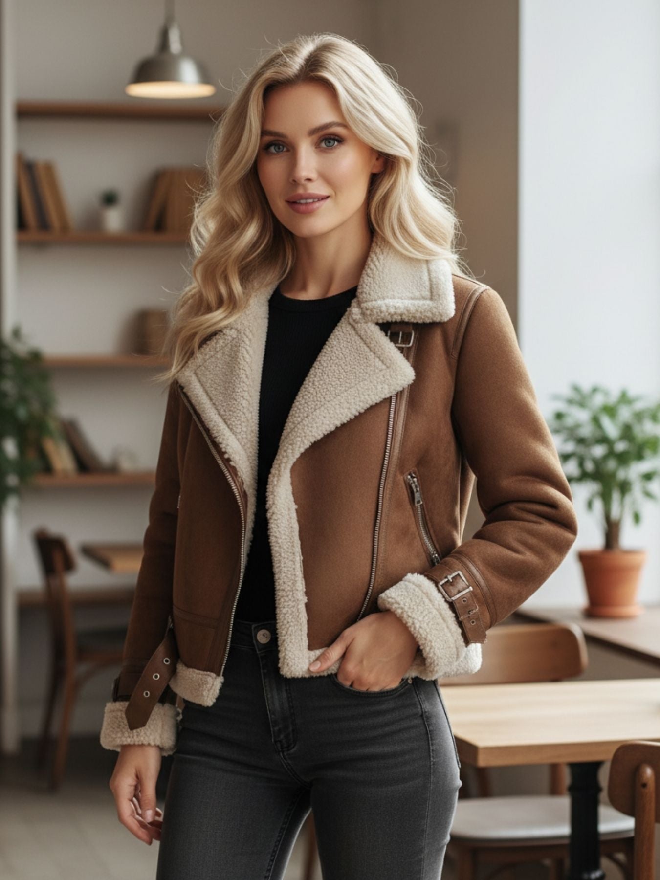 Selena | Chique en warme leren damesjas met sherpa voering