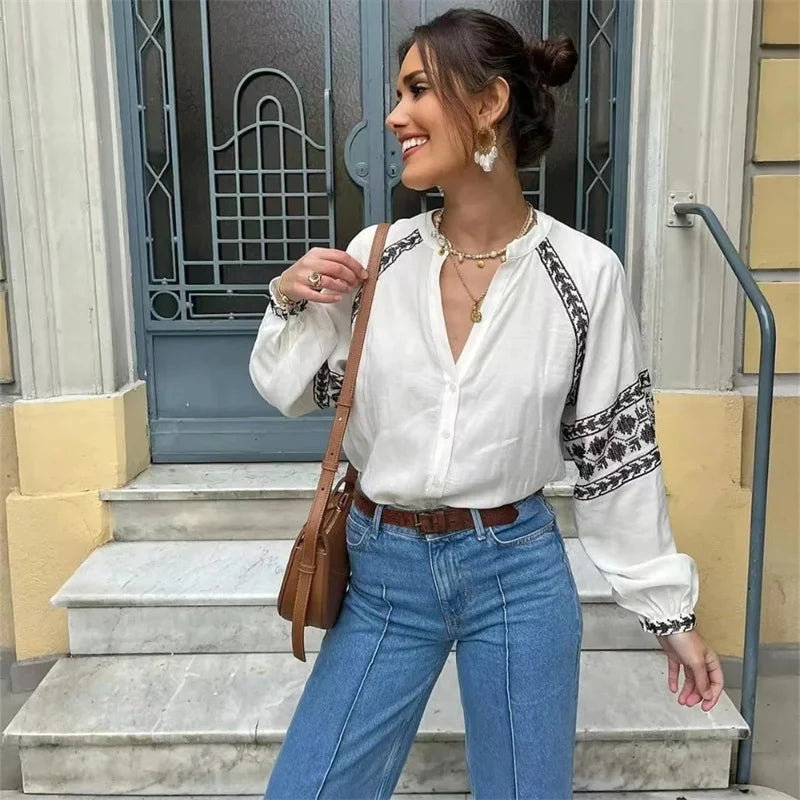 Willeke Blouse | Vintage Geborduurde Blouse met Lange Mouwen