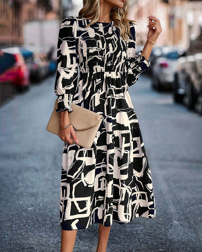 A-lijn Jurk - Elegant - Katoenmix met Bedrukt Patroon en Lantaarnmouwen - Perfect voor Lente en Herfst