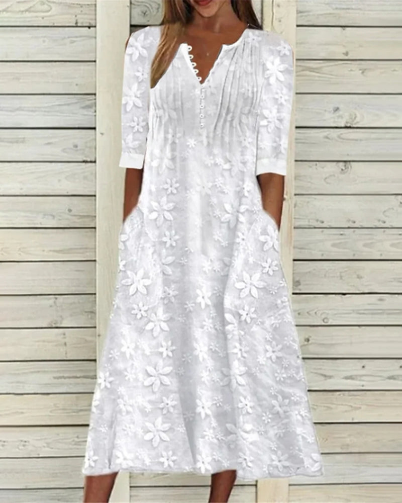 A-lijn Jurk - Elegant - Katoenmix met Bloemmotief - Perfect voor Lente en Zomer