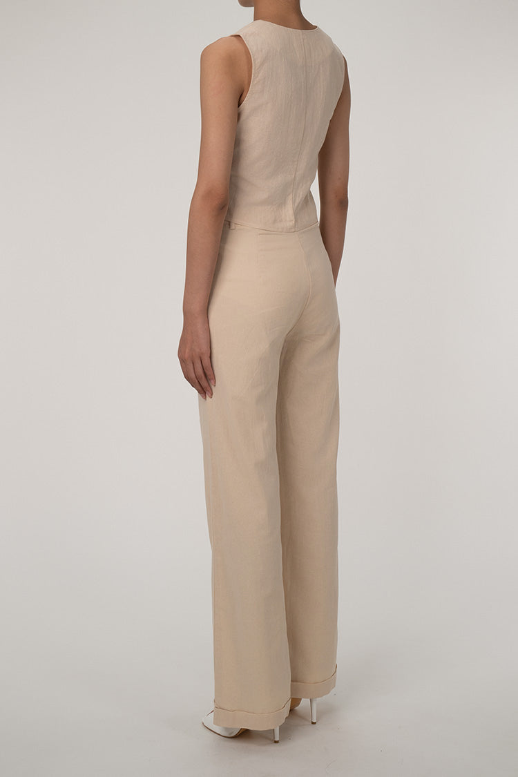 Casual V hals knoop omhoog gilet wijde pijp tweedelige katoen geplooide broek set