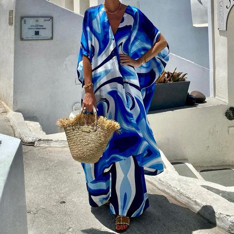 Europese en Amerikaanse Modieuze Batwing Mouw Top Broek met Wijde Pijpen Tweedelige Set