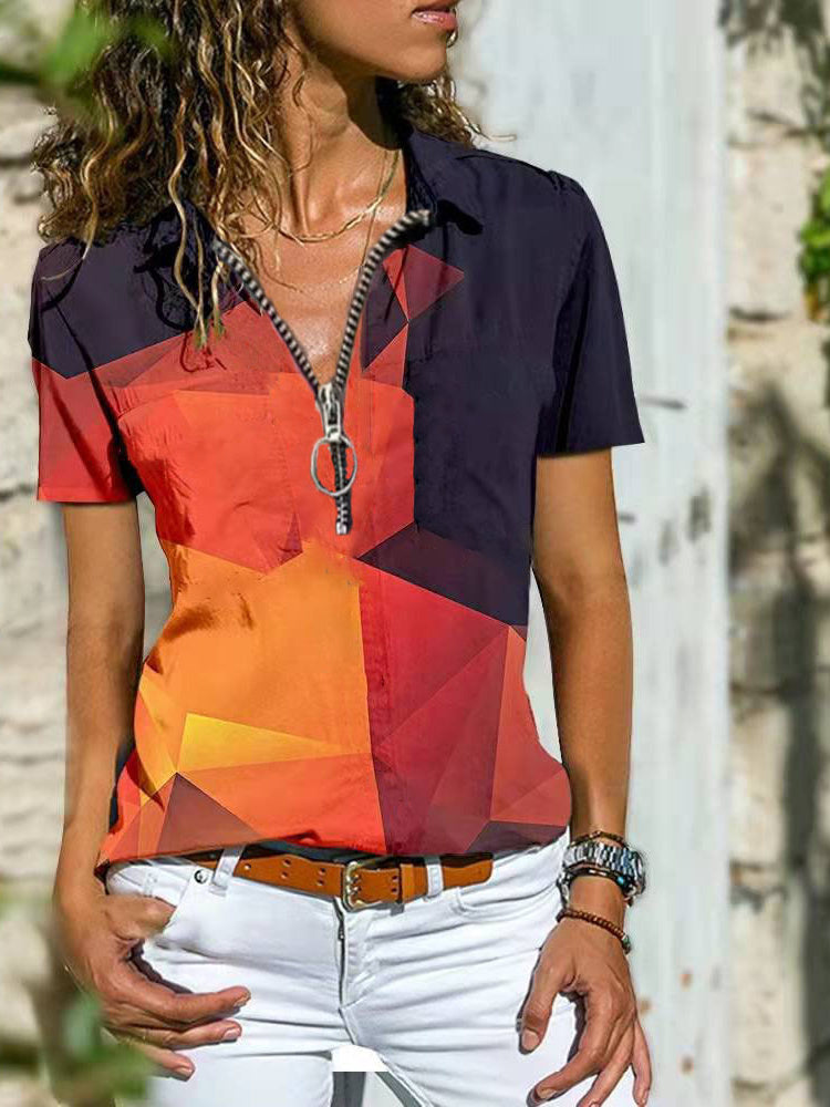 Bohemian West Ethnic Zip Top shirt met korte mouwen