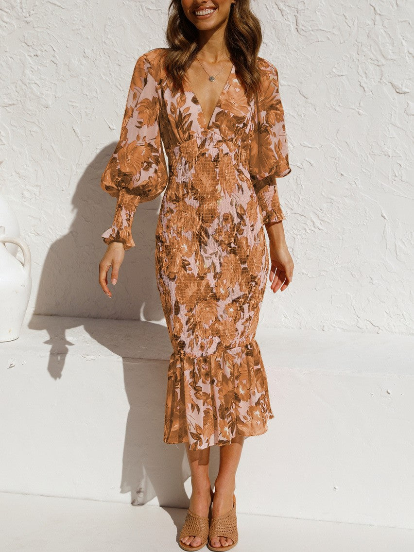 Jurk met lange mouwen, elastische tailleband en print, rok met volants