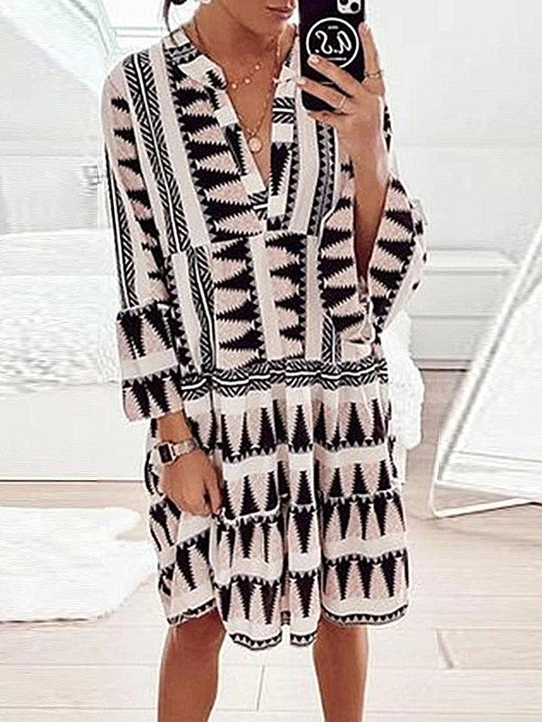 -jurk met print, lange mouwen en losse V-hals