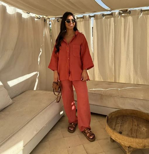 Set en broek met lange mouwen in zijde katoen