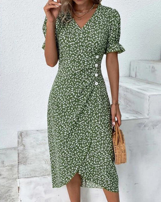 Florale midi-jurk met overslag en volantmouwen