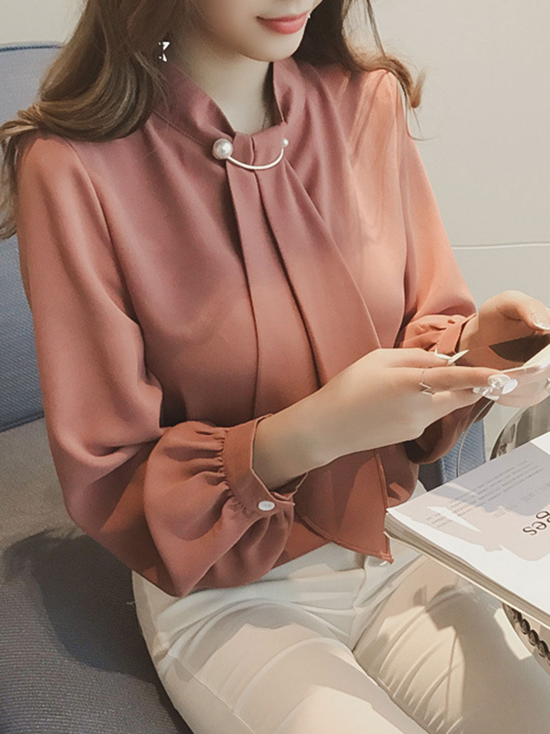 Filine Blouse | Franse stijl chiffon blouse met lange mouwen