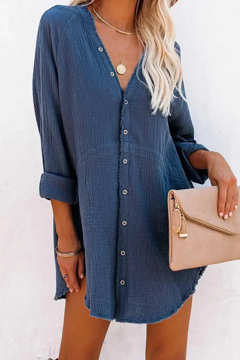 Seersucker mini-jurk met franjes en lange mouwen