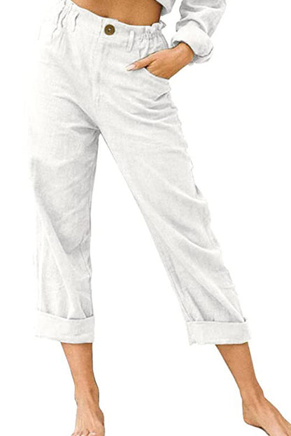 effen kleur katoen en linnen modieuze losse hoge taille casual broek