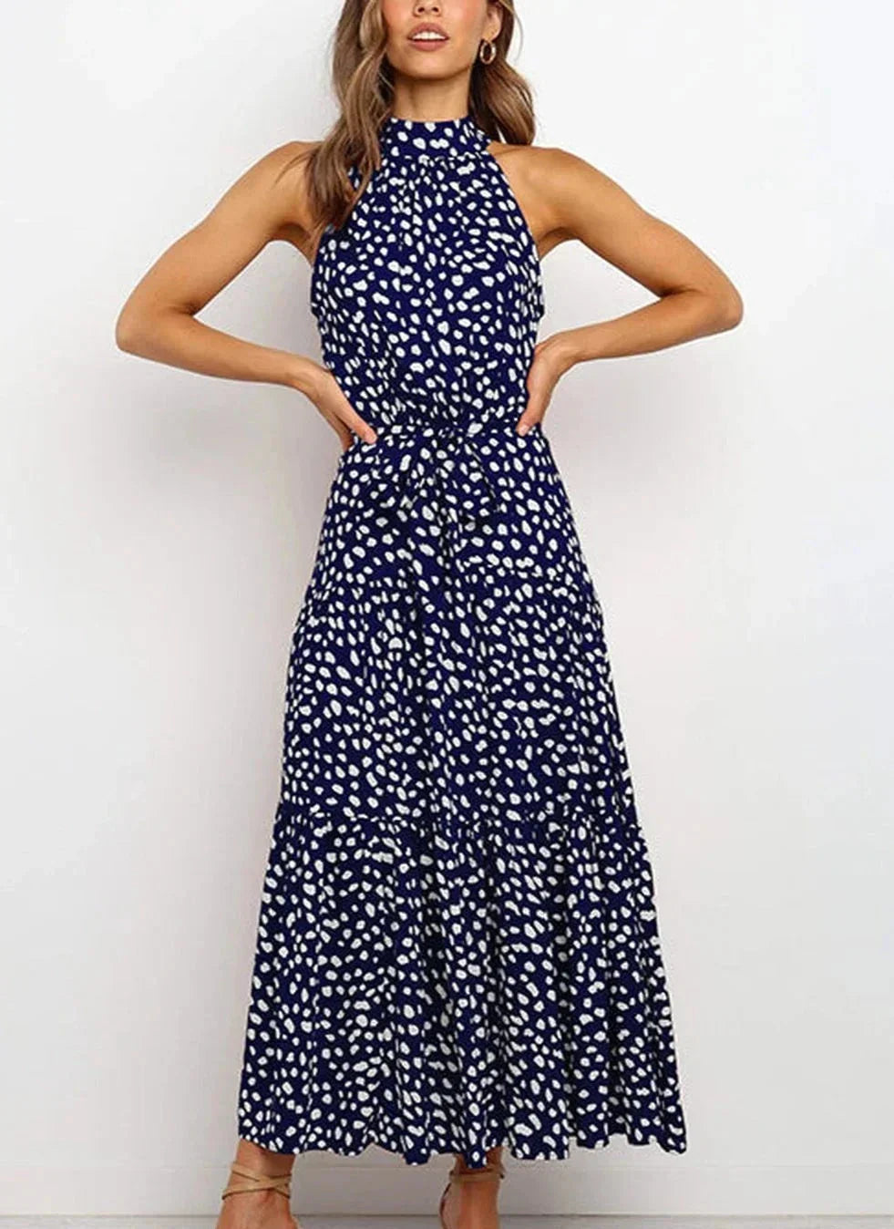 Lange jurk met print en strik in de taille