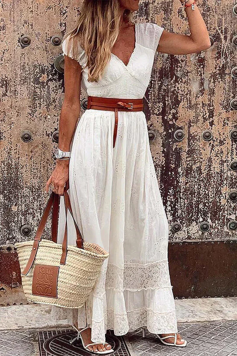 Casual Solid Patchwork V-Neck Waist Skirt jurk