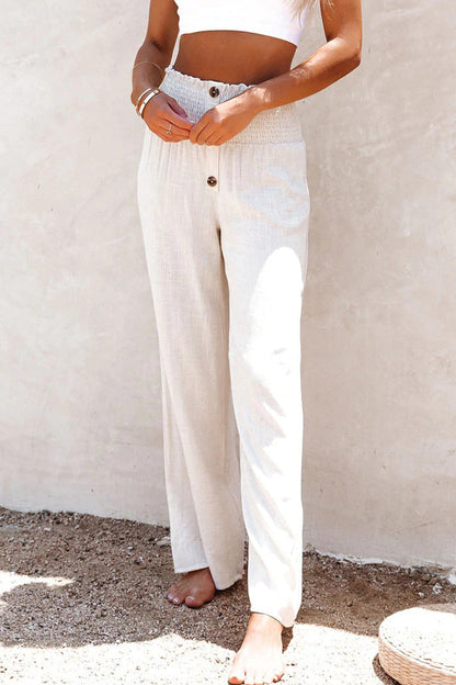 Casual vakantie solide knopen Loose High Waist broekje met brede pijp in effen kleur (6 kleuren)