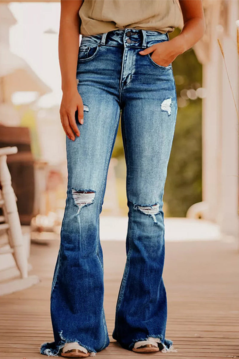 Casual Street Solid Ripped make old spijkerbroek met hoge taille (3 kleuren)