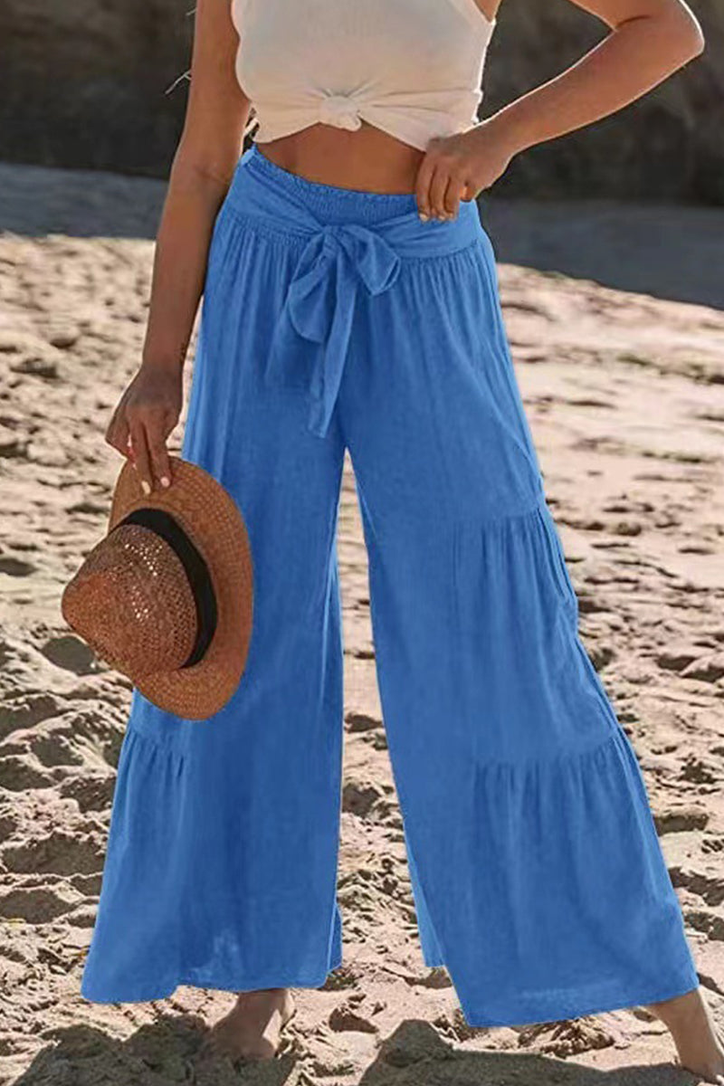 Casual Vakantie Effen Bandage Plooien Los Hoge Taille Wijde Pijp Effen Kleur Broekje