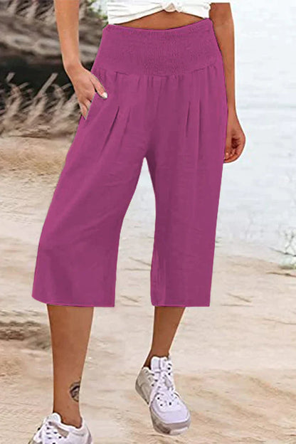 effen, eenkleurige broek met hoge taille en wijde pijpen, halflang