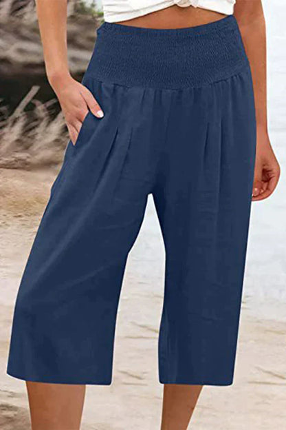 effen, eenkleurige broek met hoge taille en wijde pijpen, halflang