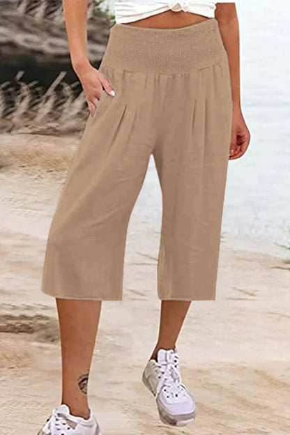 effen, eenkleurige broek met hoge taille en wijde pijpen, halflang