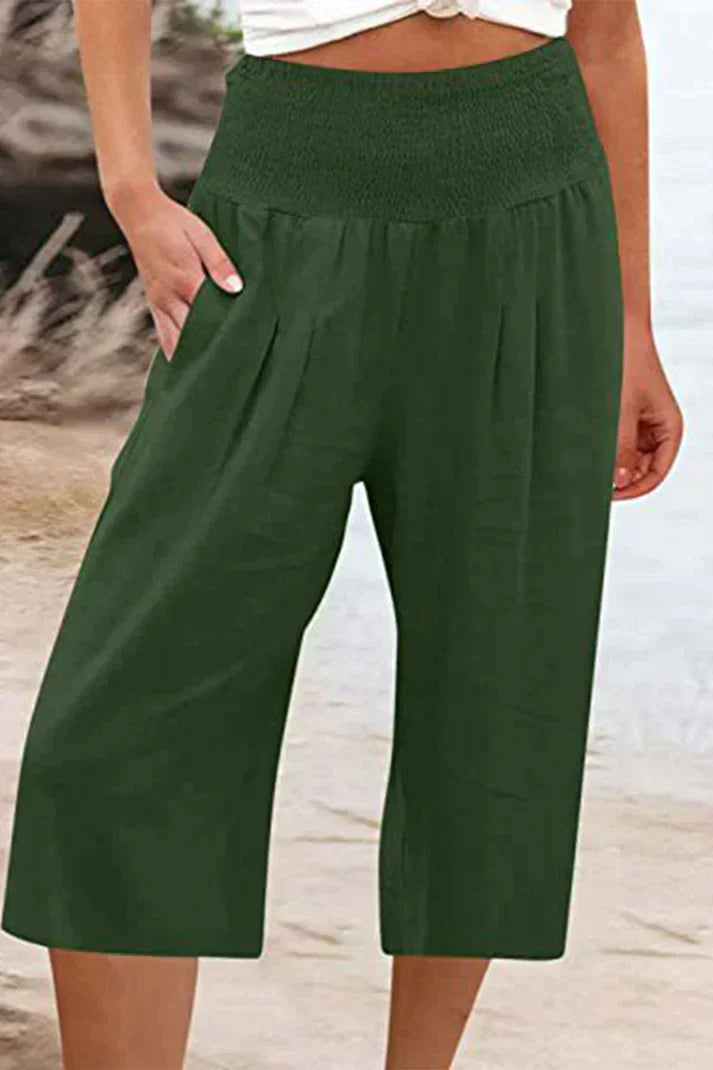 effen, eenkleurige broek met hoge taille en wijde pijpen, halflang