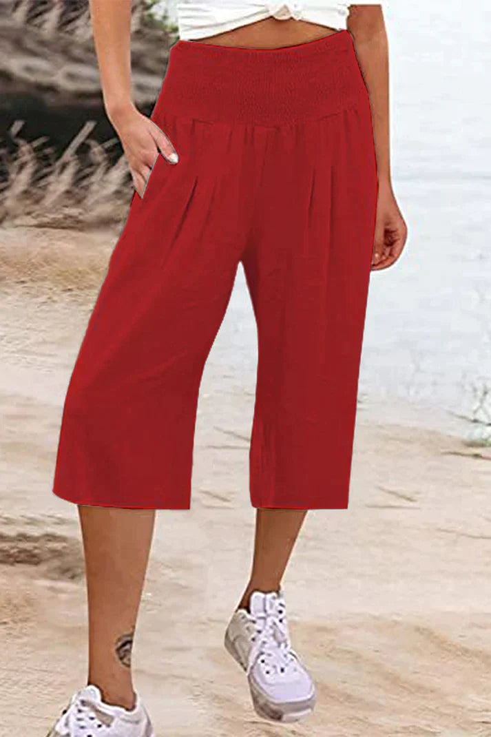 effen, eenkleurige broek met hoge taille en wijde pijpen, halflang