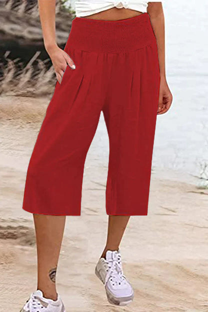 effen, eenkleurige broek met hoge taille en wijde pijpen, halflang