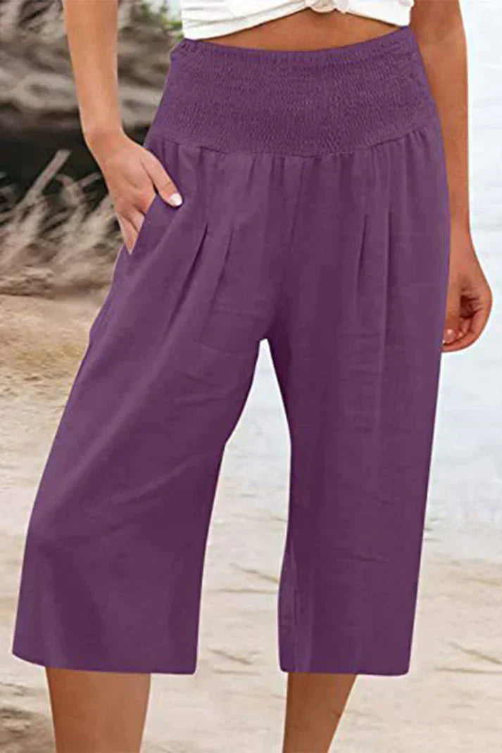 effen, eenkleurige broek met hoge taille en wijde pijpen, halflang