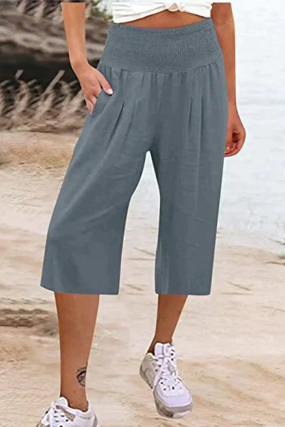 effen, eenkleurige broek met hoge taille en wijde pijpen, halflang
