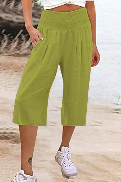effen, eenkleurige broek met hoge taille en wijde pijpen, halflang
