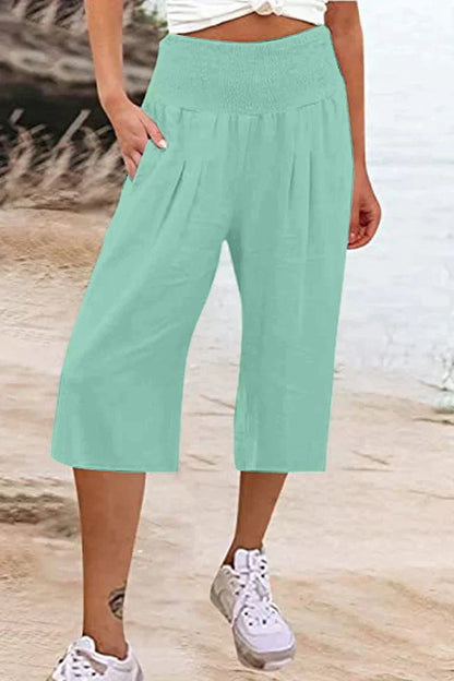 effen, eenkleurige broek met hoge taille en wijde pijpen, halflang
