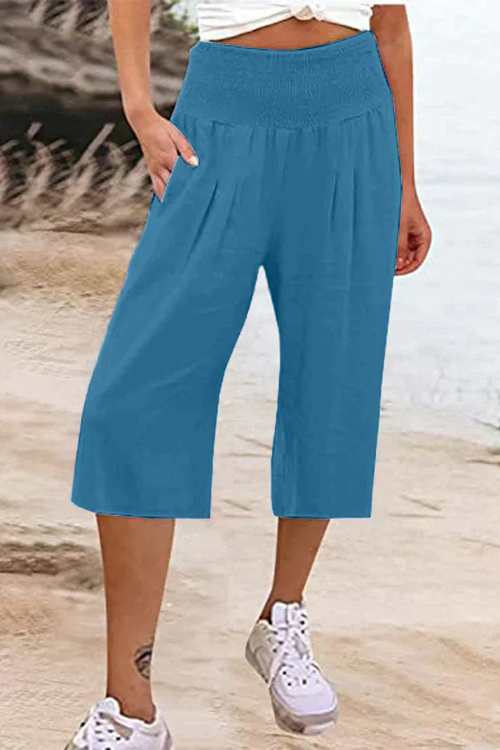effen, eenkleurige broek met hoge taille en wijde pijpen, halflang