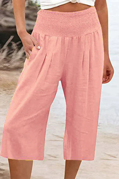 effen, eenkleurige broek met hoge taille en wijde pijpen, halflang