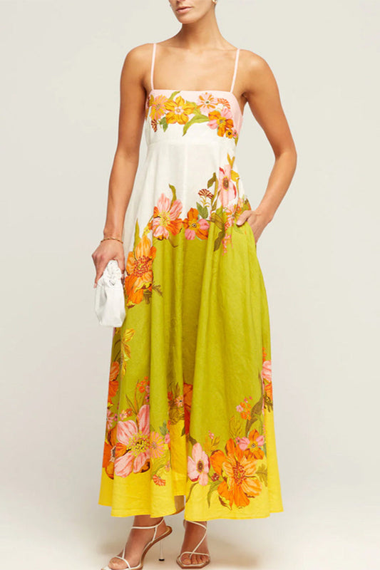 Strapless jurk met contrasterende vierkante halslijn, zak en bloemenprint