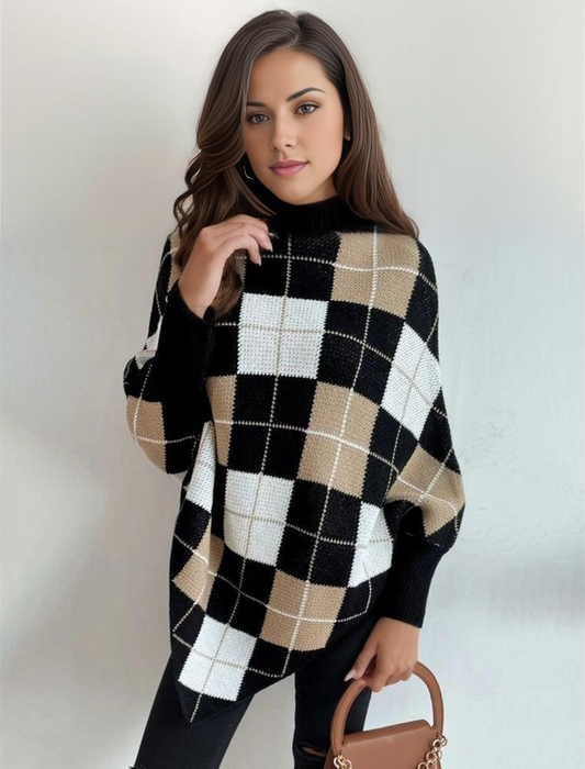 Catherine | Elegante damespullover met geometrisch motief en hoge kraag