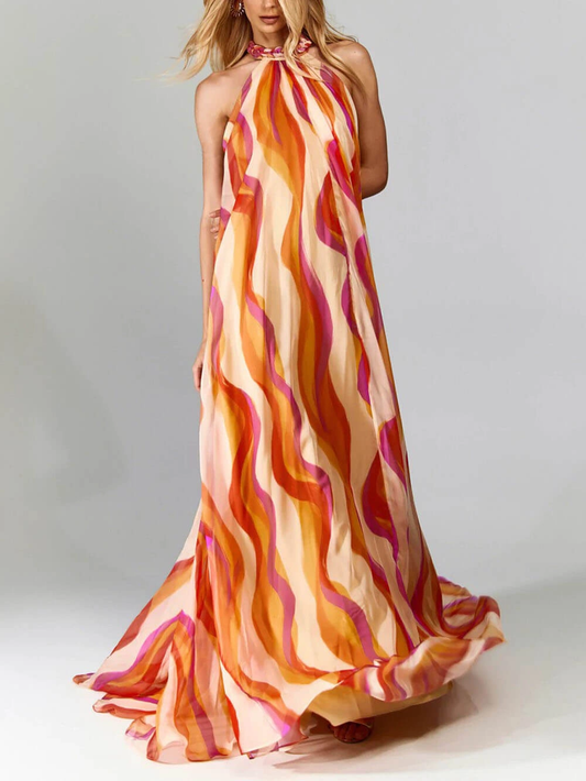 Elegante lange zomerjurk met halve ronde halslijn en print met ruches