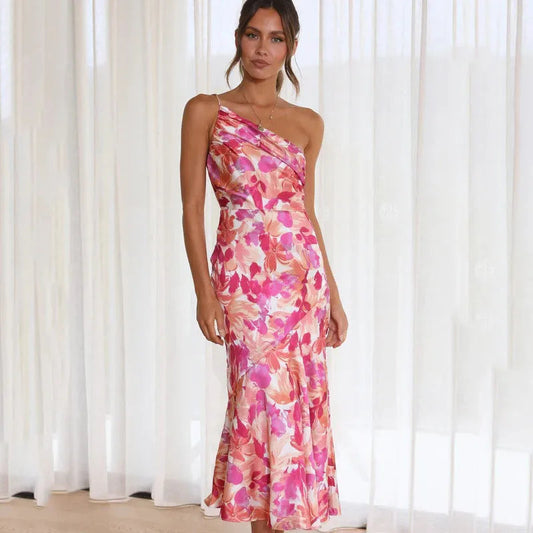 Asymmetrische lange jurk met bloemenprint voor speciale gelegenheden