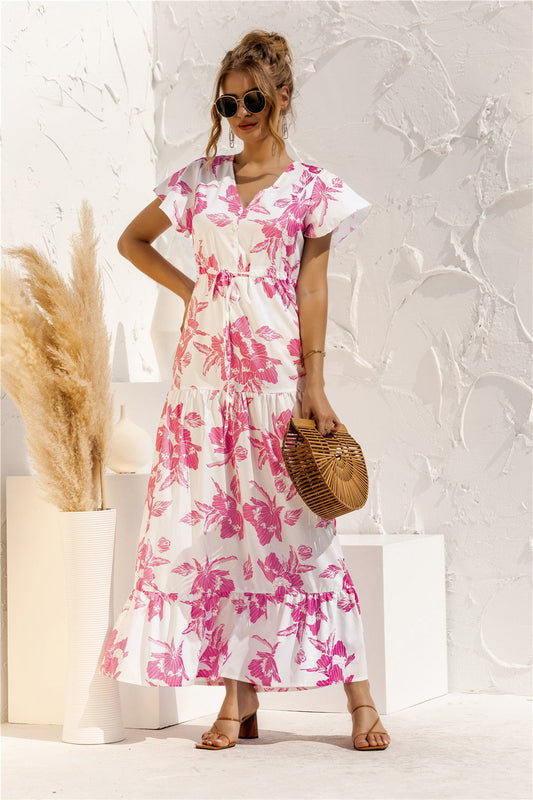 Lange jurk met bloemenprint, knoopjes en kant, met V-hals en korte mouwen, lente zomer