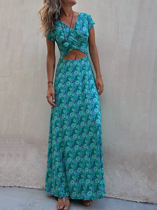 Maxi-jurk met korte mouwen, elastisch, met bloemenprint, hol, omkeerbaar, met U-hals