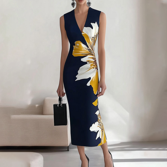 Lange mouwloze jurk met elegante bloemenprint, ideaal voor speciale gelegenheden